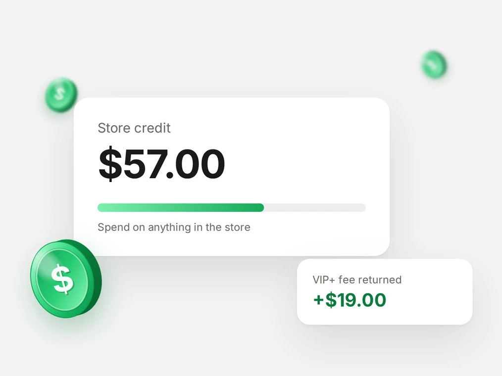 Member account showing a store credit balance with the VIP+ fee returned as credit